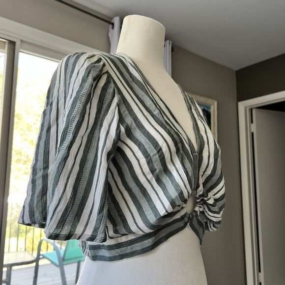 Boho Striped Crop Top Women’s Ring Front V-Neck Y2K Cottagecore Festival Blouse - Picture 3 of 12